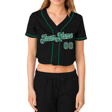 Laden Sie das Bild in den Galerie-Viewer, Custom Women's Black Kelly Green-White V-Neck Cropped Baseball Jersey