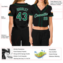 Laden Sie das Bild in den Galerie-Viewer, Custom Women's Black Kelly Green-White V-Neck Cropped Baseball Jersey