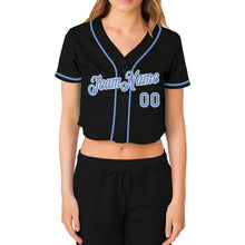 Laden Sie das Bild in den Galerie-Viewer, Custom Women's Black Light Blue-White V-Neck Cropped Baseball Jersey
