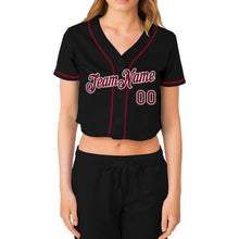 Load image into Gallery viewer, Custom Women's Black Crimson-White V-Neck Cropped Baseball Jersey