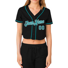 Laden Sie das Bild in den Galerie-Viewer, Custom Women's Black Aqua-White V-Neck Cropped Baseball Jersey