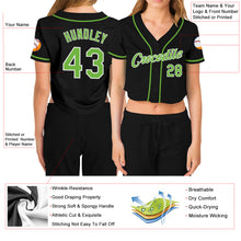 Load image into Gallery viewer, Custom Women's Black Neon Green-White V-Neck Cropped Baseball Jersey