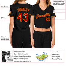 Load image into Gallery viewer, Custom Women's Black Red-Gold V-Neck Cropped Baseball Jersey