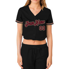 Laden Sie das Bild in den Galerie-Viewer, Custom Women's Black Crimson-City Cream V-Neck Cropped Baseball Jersey