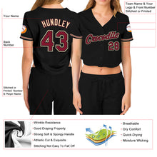 Laden Sie das Bild in den Galerie-Viewer, Custom Women's Black Crimson-City Cream V-Neck Cropped Baseball Jersey