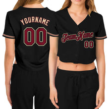Laden Sie das Bild in den Galerie-Viewer, Custom Women's Black Crimson-City Cream V-Neck Cropped Baseball Jersey
