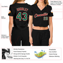 Laden Sie das Bild in den Galerie-Viewer, Custom Women's Black Kelly Green Red-White V-Neck Cropped Baseball Jersey