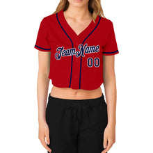 Load image into Gallery viewer, Custom Women's Red Navy-White V-Neck Cropped Baseball Jersey