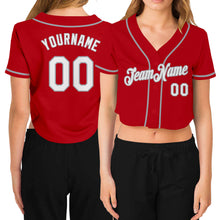 Laden Sie das Bild in den Galerie-Viewer, Custom Women's Red White-Gray V-Neck Cropped Baseball Jersey