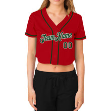 Load image into Gallery viewer, Custom Women's Red Green-White V-Neck Cropped Baseball Jersey