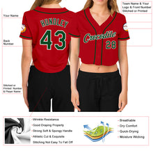 Load image into Gallery viewer, Custom Women's Red Green-White V-Neck Cropped Baseball Jersey
