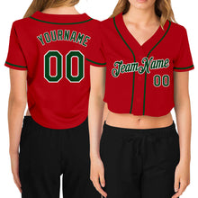 Load image into Gallery viewer, Custom Women's Red Green-White V-Neck Cropped Baseball Jersey