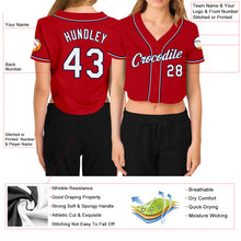 Laden Sie das Bild in den Galerie-Viewer, Custom Women's Red White-Navy V-Neck Cropped Baseball Jersey