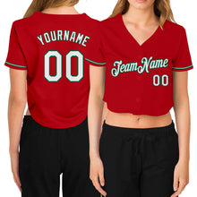 Load image into Gallery viewer, Custom Women's Red White-Kelly Green V-Neck Cropped Baseball Jersey