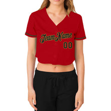 Загрузить изображение в средство просмотра галереи, Custom Women's Red Black-Old Gold V-Neck Cropped Baseball Jersey