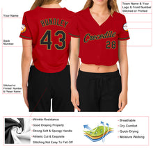Загрузить изображение в средство просмотра галереи, Custom Women's Red Black-Old Gold V-Neck Cropped Baseball Jersey