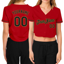 Загрузить изображение в средство просмотра галереи, Custom Women's Red Black-Old Gold V-Neck Cropped Baseball Jersey