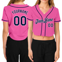 Загрузить изображение в средство просмотра галереи, Custom Women's Pink Navy-White V-Neck Cropped Baseball Jersey