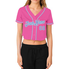 Загрузить изображение в средство просмотра галереи, Custom Women's Pink Light Blue-White V-Neck Cropped Baseball Jersey