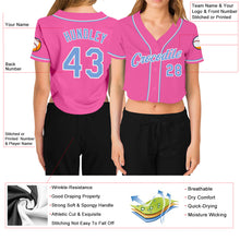 Загрузить изображение в средство просмотра галереи, Custom Women's Pink Light Blue-White V-Neck Cropped Baseball Jersey