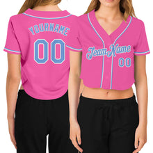 Загрузить изображение в средство просмотра галереи, Custom Women's Pink Light Blue-White V-Neck Cropped Baseball Jersey