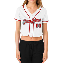 Load image into Gallery viewer, Custom Women's White Red-Black V-Neck Cropped Baseball Jersey