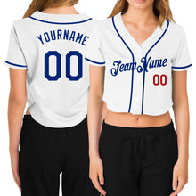 Laden Sie das Bild in den Galerie-Viewer, Custom Women's White Royal-Red V-Neck Cropped Baseball Jersey