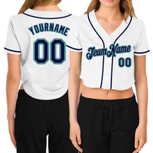 Load image into Gallery viewer, Custom Women's White Navy Gray-Aqua V-Neck Cropped Baseball Jersey