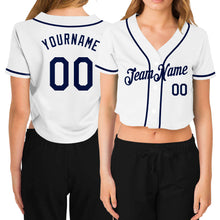 Laden Sie das Bild in den Galerie-Viewer, Custom Women's White Navy V-Neck Cropped Baseball Jersey