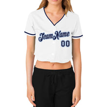 Загрузить изображение в средство просмотра галереи, Custom Women's White Navy-Light Blue V-Neck Cropped Baseball Jersey