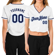 Загрузить изображение в средство просмотра галереи, Custom Women's White Navy-Light Blue V-Neck Cropped Baseball Jersey