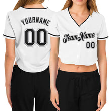 Load image into Gallery viewer, Custom Women's White Black-Gray V-Neck Cropped Baseball Jersey