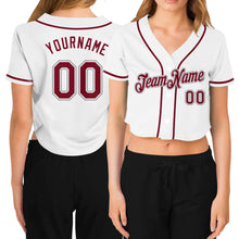 Laden Sie das Bild in den Galerie-Viewer, Custom Women's White Crimson-Gray V-Neck Cropped Baseball Jersey