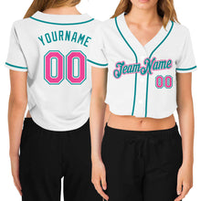 Load image into Gallery viewer, Custom Women's White Pink-Aqua V-Neck Cropped Baseball Jersey