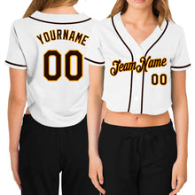 Загрузить изображение в средство просмотра галереи, Custom Women's White Brown-Gold V-Neck Cropped Baseball Jersey