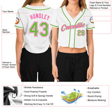 Загрузить изображение в средство просмотра галереи, Custom Women's White Neon Green-Pink V-Neck Cropped Baseball Jersey
