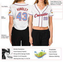 Load image into Gallery viewer, Custom Women's White Light Blue-Red V-Neck Cropped Baseball Jersey