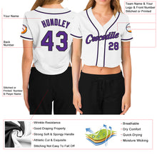 Загрузить изображение в средство просмотра галереи, Custom Women's White Purple-Black V-Neck Cropped Baseball Jersey