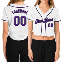 Загрузить изображение в средство просмотра галереи, Custom Women's White Purple-Black V-Neck Cropped Baseball Jersey