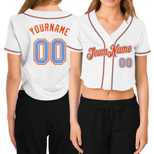 Загрузить изображение в средство просмотра галереи, Custom Women's White Light Blue-Orange V-Neck Cropped Baseball Jersey