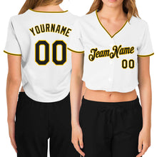 Загрузить изображение в средство просмотра галереи, Custom Women's White Black-Gold V-Neck Cropped Baseball Jersey