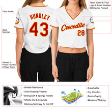 Laden Sie das Bild in den Galerie-Viewer, Custom Women's White Red-Gold V-Neck Cropped Baseball Jersey