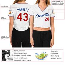 Load image into Gallery viewer, Custom Women's White Red-Royal V-Neck Cropped Baseball Jersey