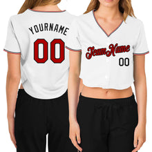 Загрузить изображение в средство просмотра галереи, Custom Women's White Red-Black V-Neck Cropped Baseball Jersey