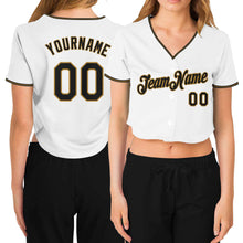 Загрузить изображение в средство просмотра галереи, Custom Women's White Black-Old Gold V-Neck Cropped Baseball Jersey