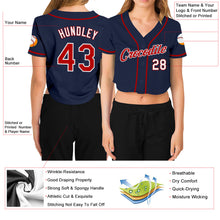 Laden Sie das Bild in den Galerie-Viewer, Custom Women's Navy Red-White V-Neck Cropped Baseball Jersey