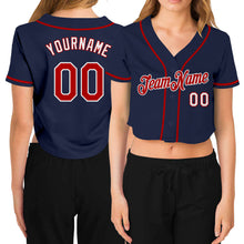 Laden Sie das Bild in den Galerie-Viewer, Custom Women's Navy Red-White V-Neck Cropped Baseball Jersey