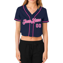 Загрузить изображение в средство просмотра галереи, Custom Women's Navy Pink-White V-Neck Cropped Baseball Jersey