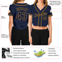 Загрузить изображение в средство просмотра галереи, Custom Women's Navy Navy-Gold V-Neck Cropped Baseball Jersey