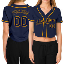 Загрузить изображение в средство просмотра галереи, Custom Women's Navy Navy-Gold V-Neck Cropped Baseball Jersey